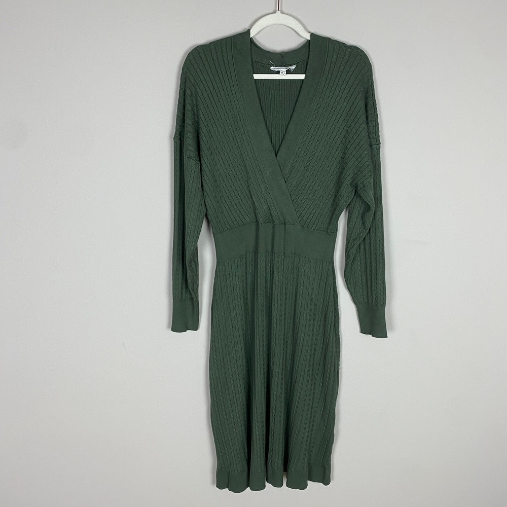 Lucky Brand Cable Knit Midi Dress Womens 1X Sweater Surplice Green Long Sleeves